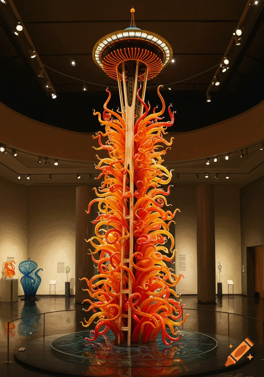 A large, vibrant orange and yellow glass sculpture, resembling the Seattle Space Needle, stands prominently in the center of a museum exhibit hall with reflective floors.