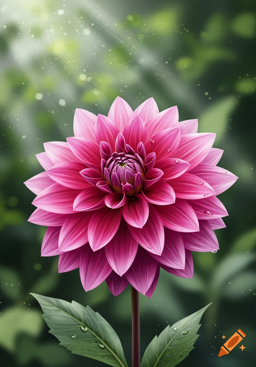 Vibrant pink dahlia flower with water droplets on petals and leaves, against a blurry green background with light rays.