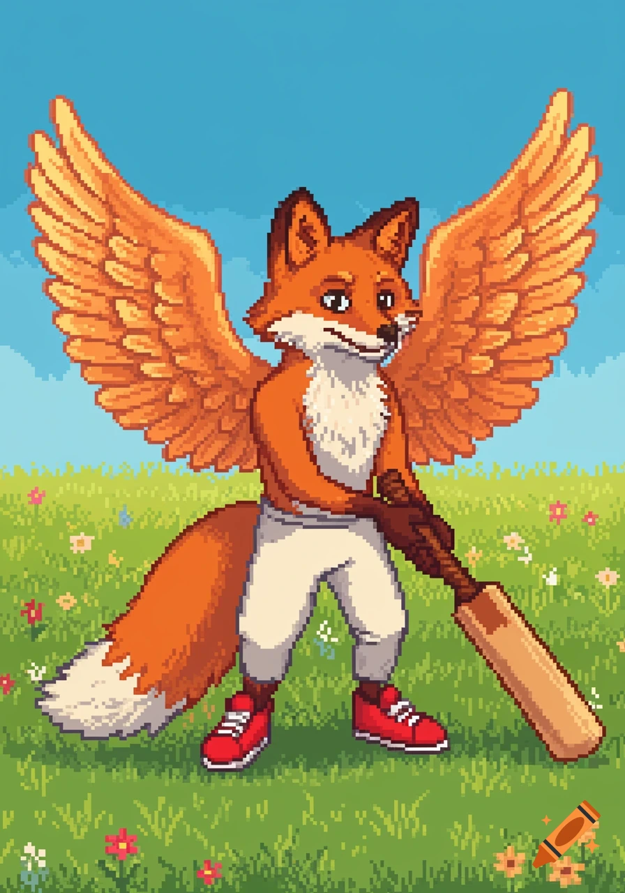 A pixel art anthropomorphic fox with orange wings and red shoes stands in a grassy field, holding a cricket bat.