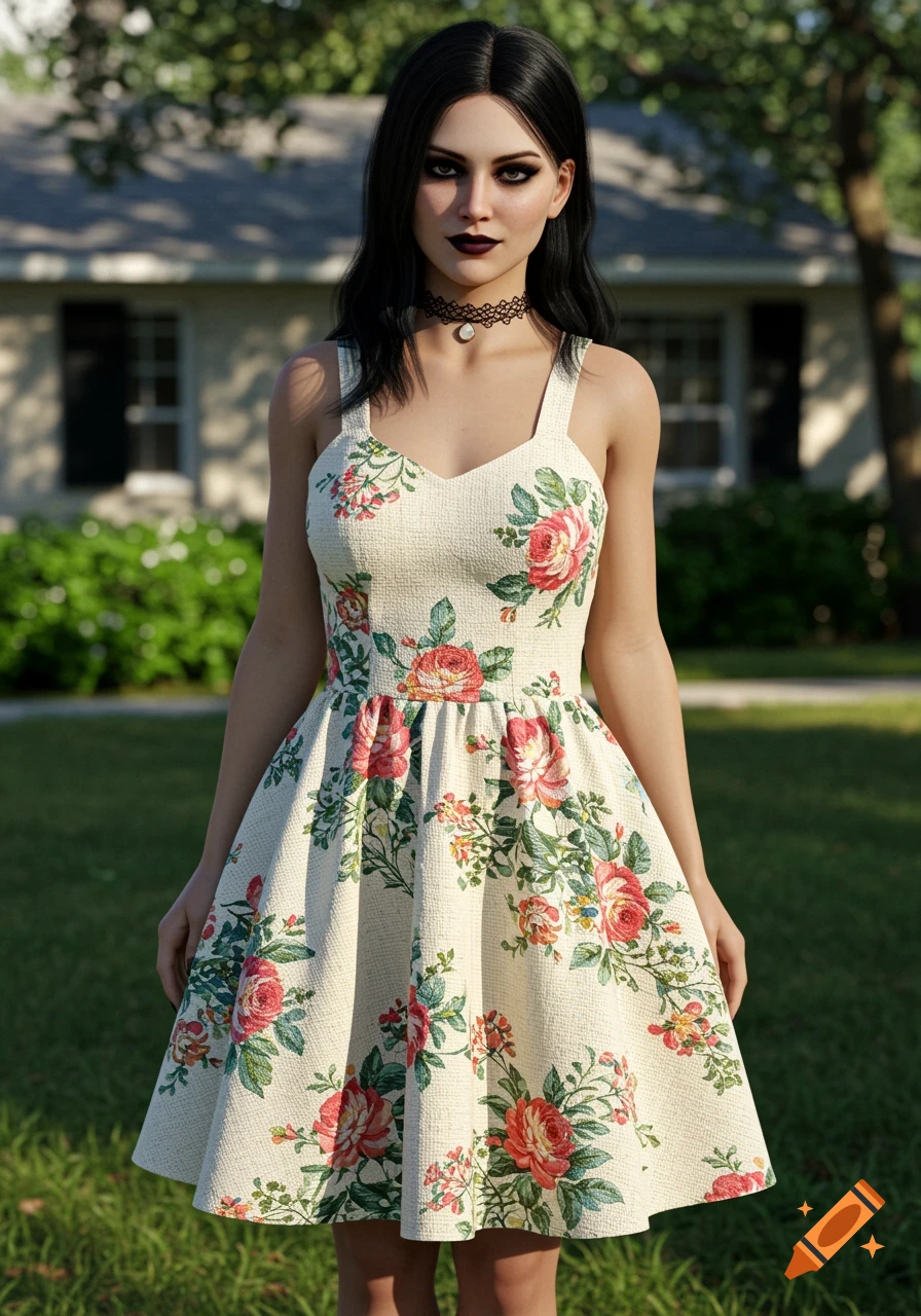 A woman with dark hair and makeup, wearing a floral, cream-colored fit-and-flare dress and a choker, stands in a green backyard in front of a house.