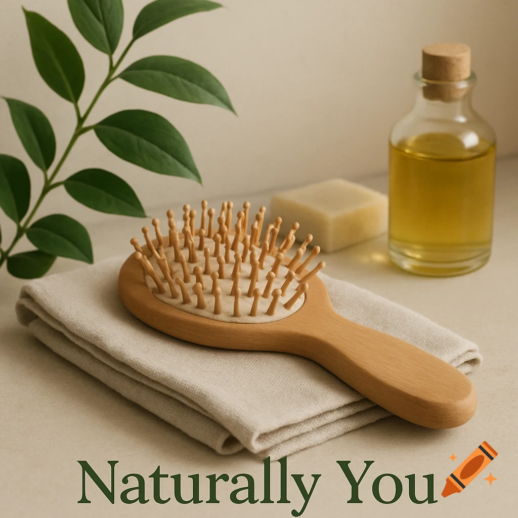 A natural wooden hairbrush on a linen towel with a green plant, soap, and oil bottle in a soft, minimalist setting, with the text 'Naturally You'.