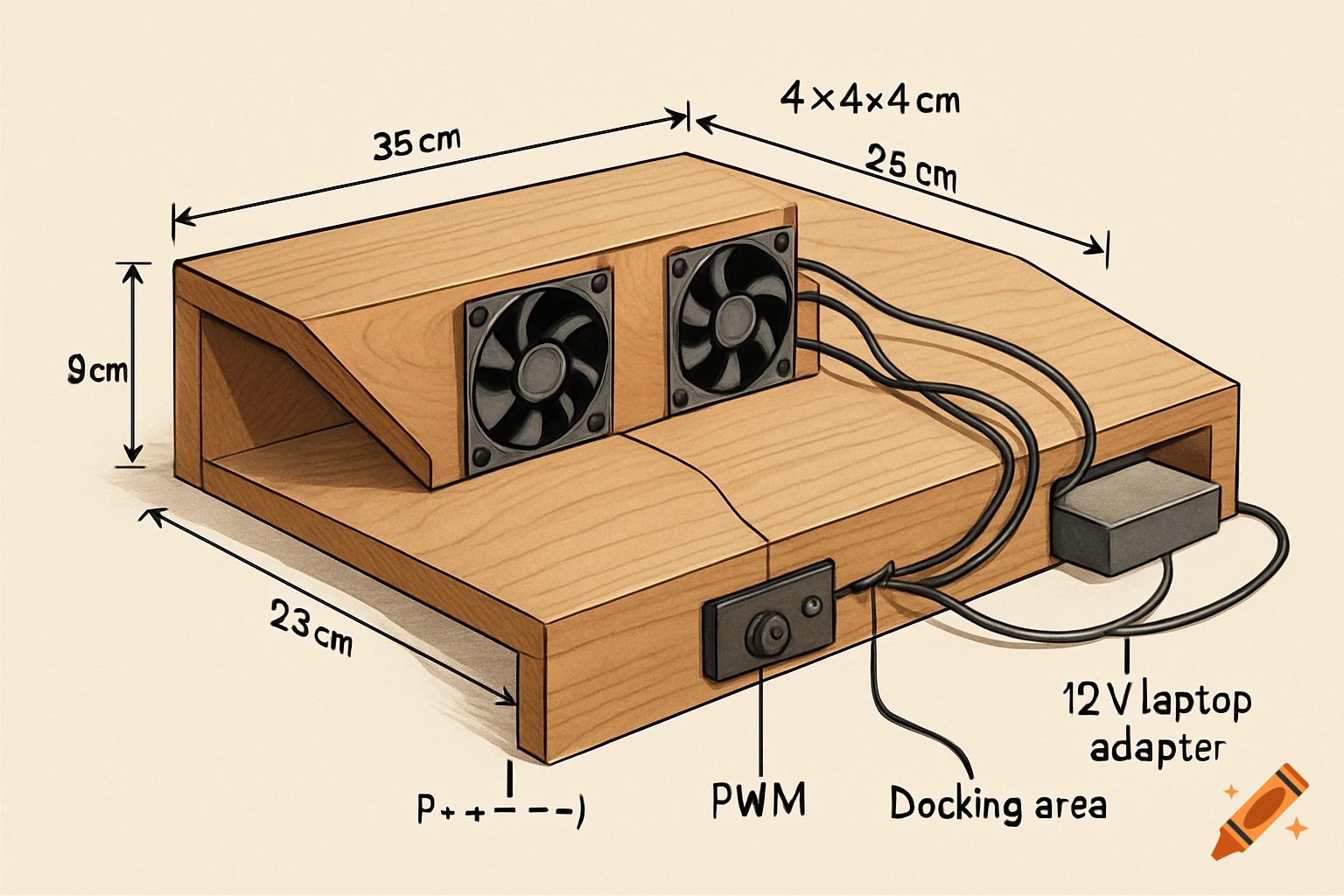 An illustration of a wooden laptop cooling stand with dimensions and electrical components labeled, including two fans, a PWM module, and a 12V laptop adapter.