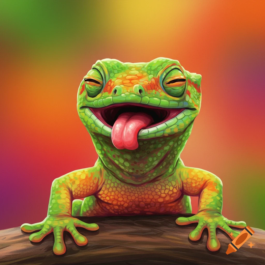 A cheerful, bright green and orange cartoon lizard with closed eyes, sticking out its pink tongue, against a blurred colorful background.