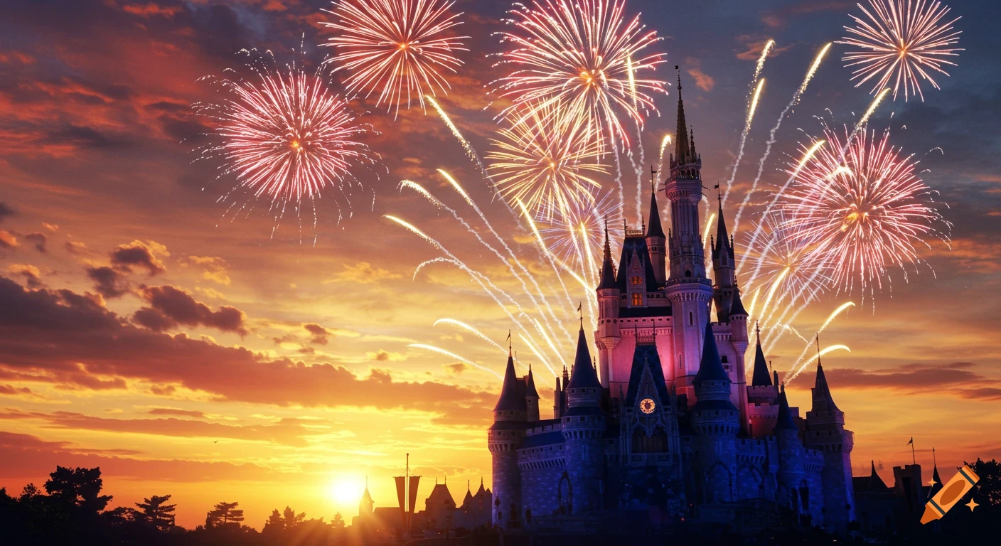A magnificent castle stands against a vibrant sunset sky, illuminated by bursting fireworks.