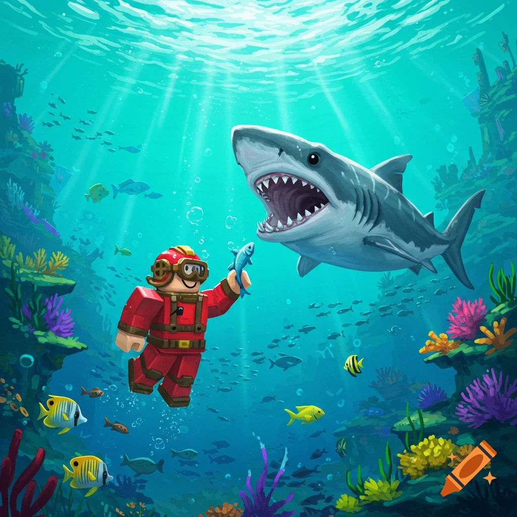 Roblox character in red diving suit feeds a small fish to a large shark underwater amidst colorful coral, digital art.