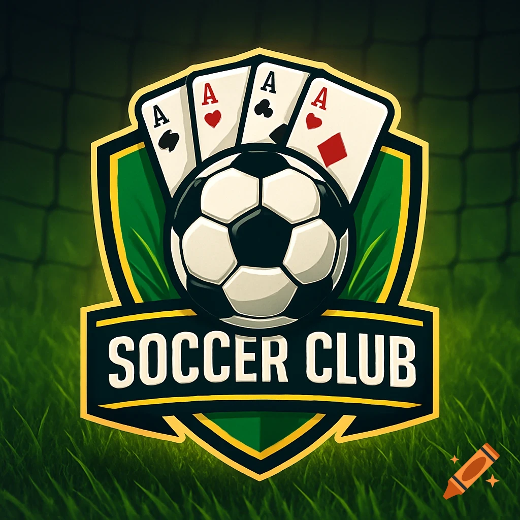 A soccer club logo featuring a soccer ball, four ace playing cards, and a green and yellow shield on a soccer field background.