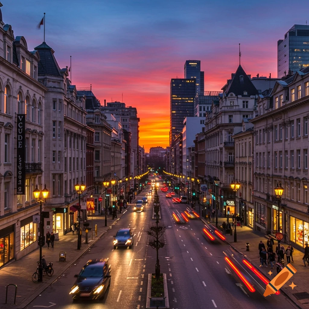 A long city street at dusk, lined with ornate buildings and glowing streetlights, with cars creating light trails under a vibrant orange and purple sunset sky.