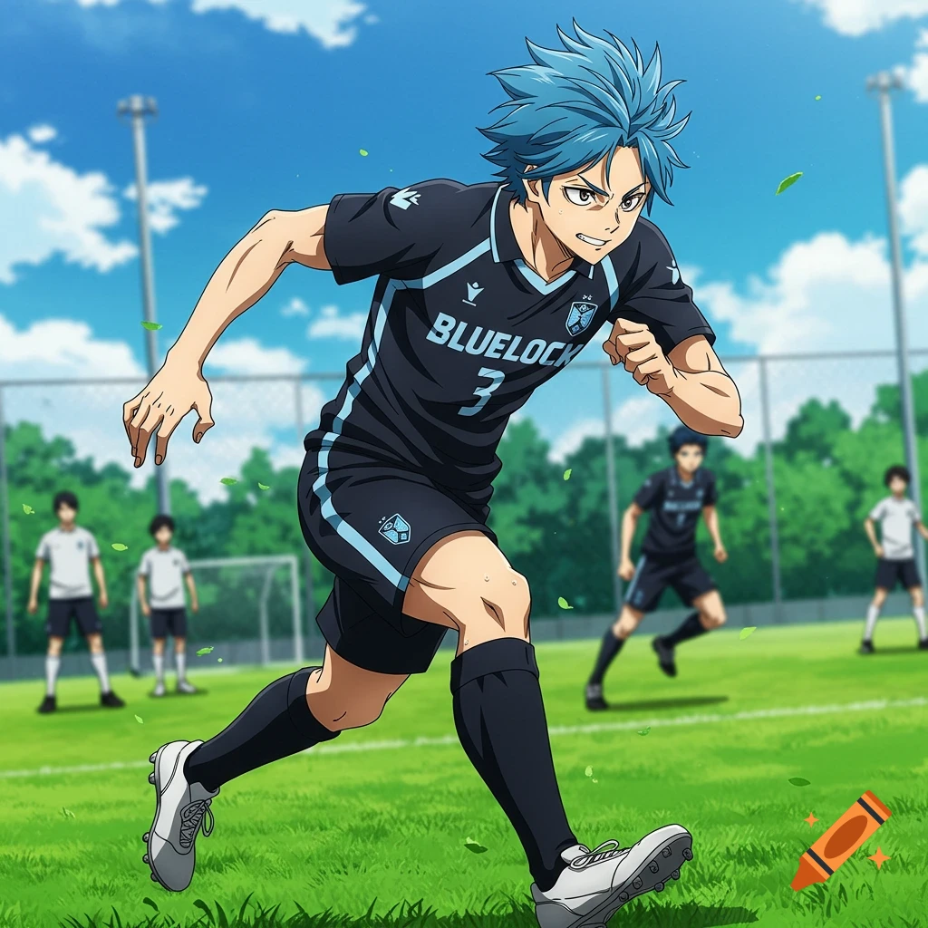 An anime character with spiky blue hair in a black and blue soccer uniform runs across a green field with other players in the background.