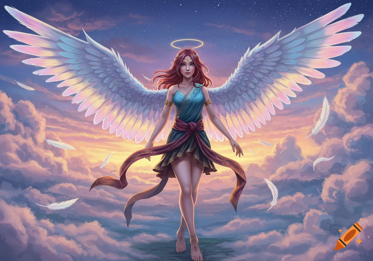 A red-haired woman with large, colorful wings and a halo stands barefoot on clouds at sunset, digital art.