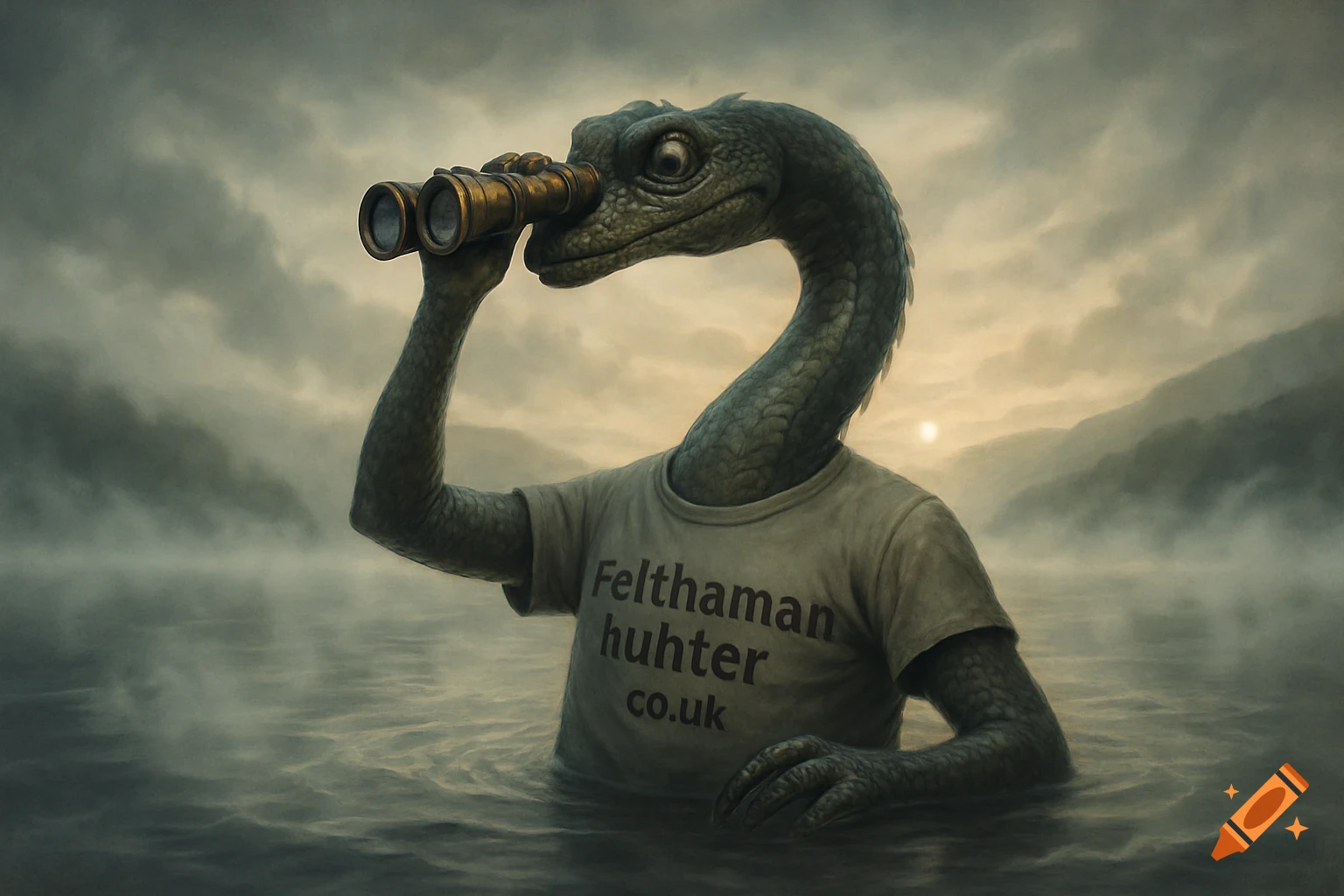 A mythical green lizard-like creature with a long neck and human-like arms stands in a misty lake, looking through binoculars. It wears a t-shirt that says 'Felthaman huhter co.uk'. The sun sets over mountains in the background.