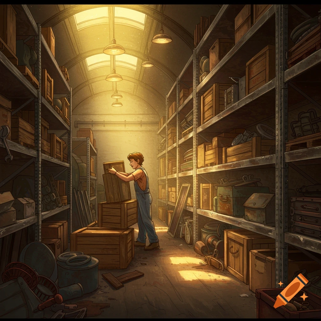 A person in overalls moves wooden boxes in a sunlit warehouse filled with shelves of stored items, in an illustrated style.