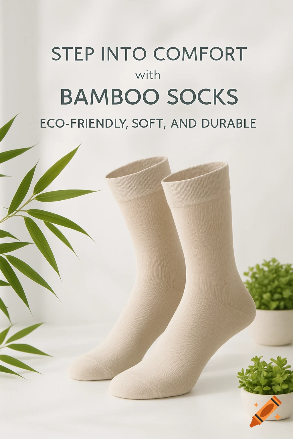 A pair of light-colored bamboo socks standing upright, surrounded by bamboo leaves and small potted plants, with promotional text.