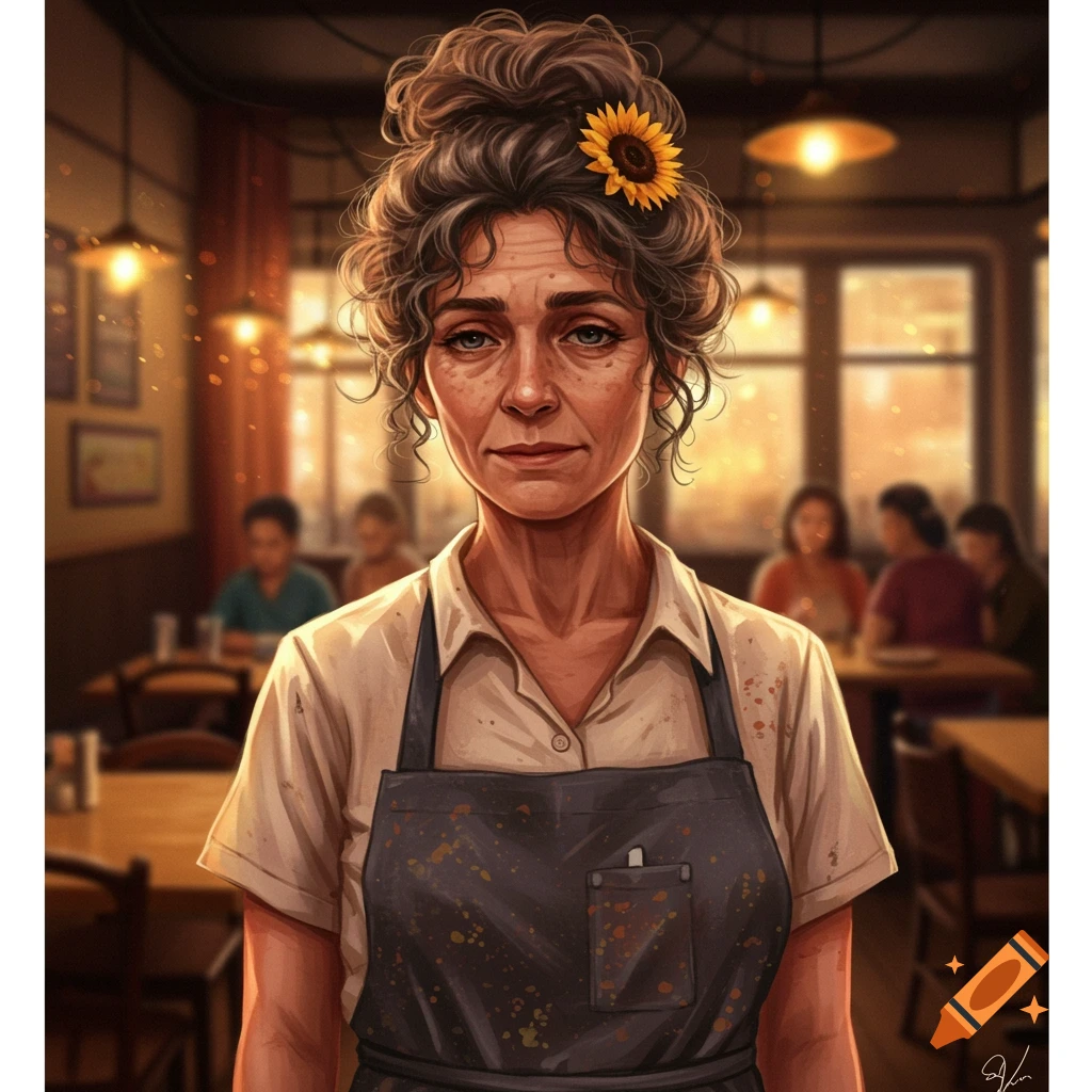Illustrative portrait of a tired, middle-aged waitress with a messy bun and sunflower clip, wearing an apron in a restaurant.