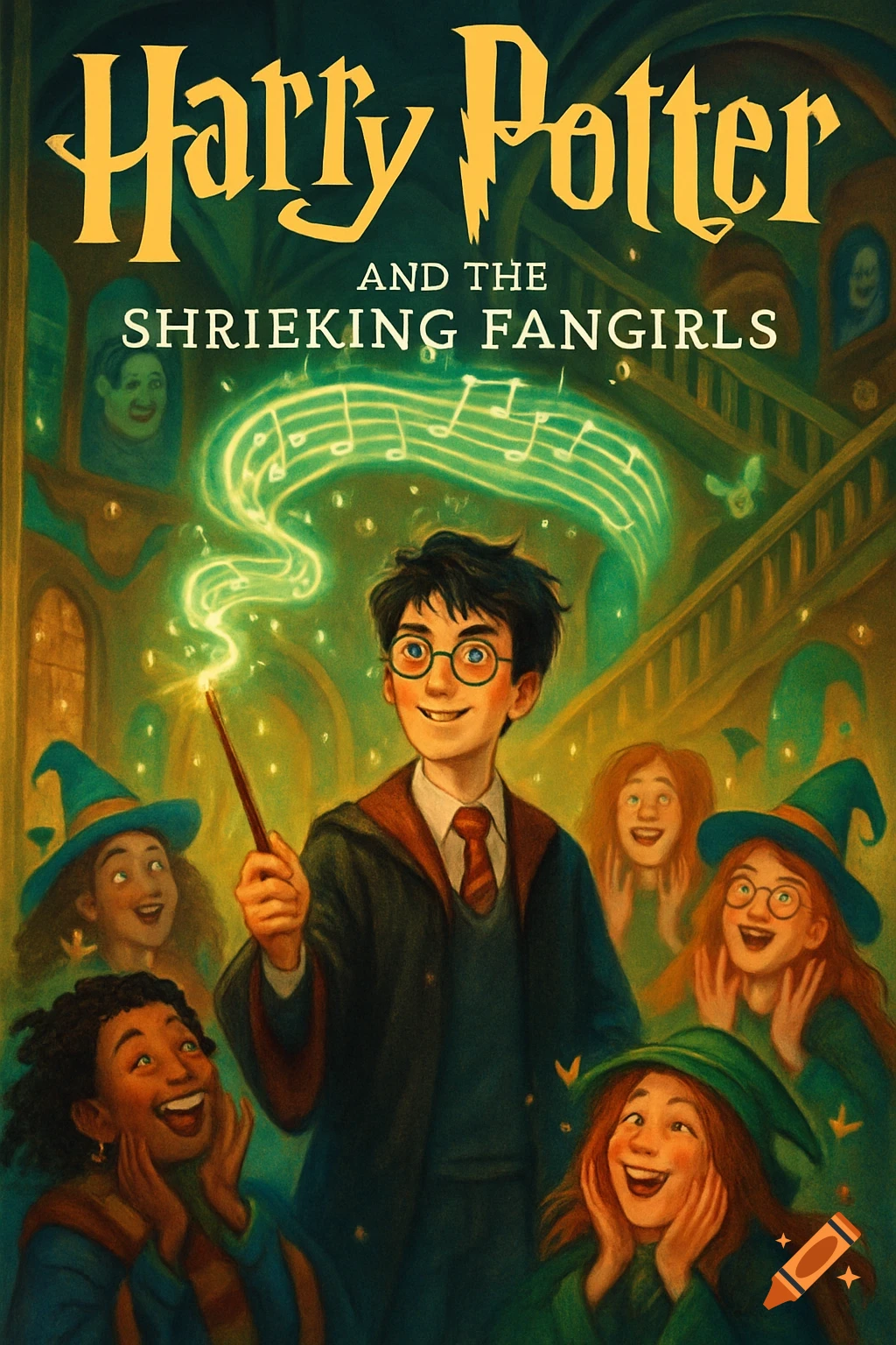 Illustrated book cover titled 'Harry Potter and the Shrieking Fangirls', showing Harry Potter casting a spell for excited girls in a magical hall.