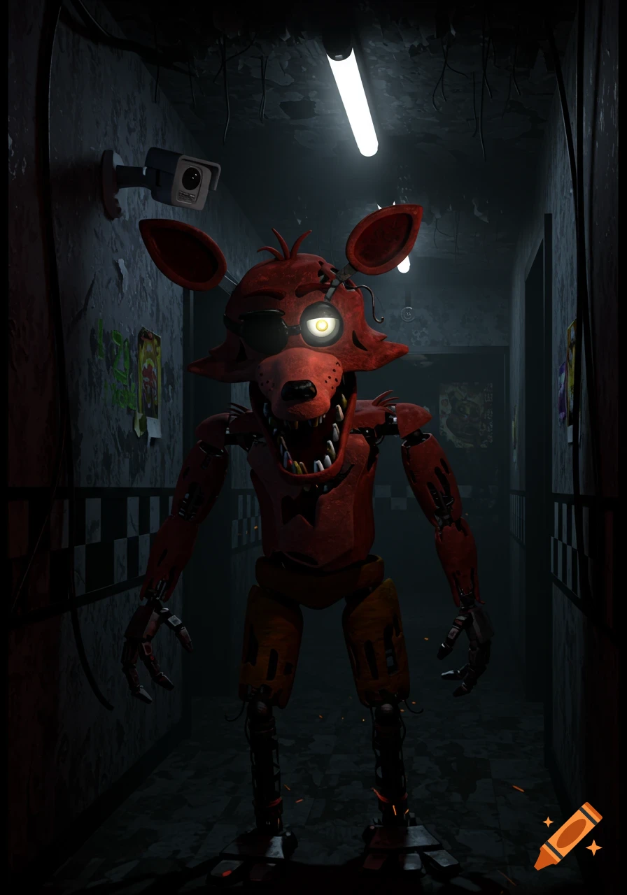 Red animatronic fox Foxy with an eyepatch and glowing eye stands in a dark, grimy hallway with a security camera.