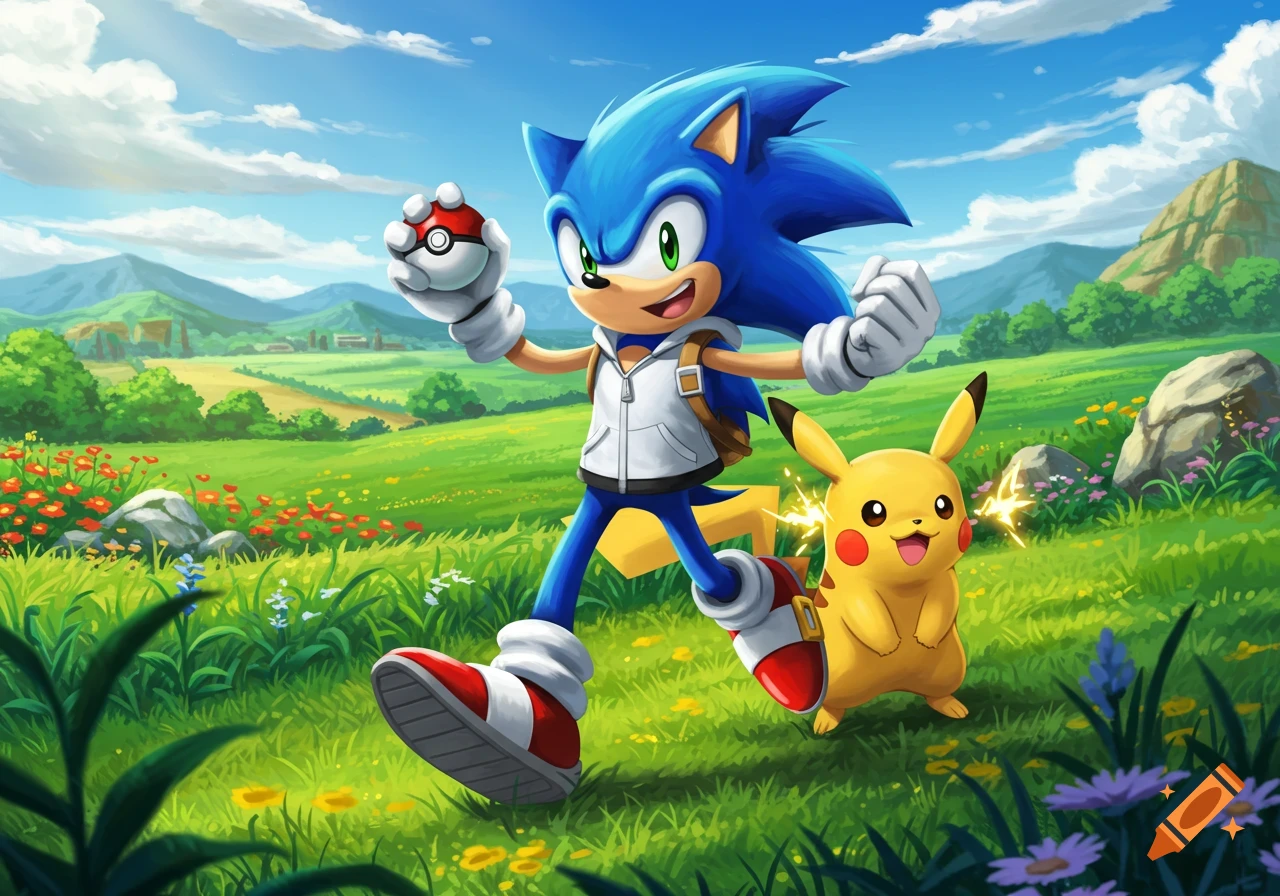 Sonic the Hedgehog, wearing a white hoodie and backpack, holds a Pok\u00e9 Ball while running alongside Pikachu through a vibrant green field under a clear blue sky.