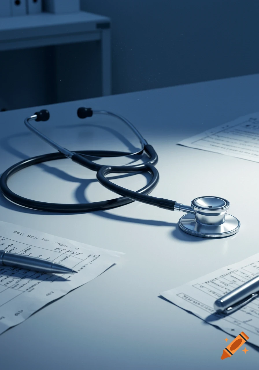 A photorealistic image of a stethoscope, papers, and pens on a white desk in a dark room.