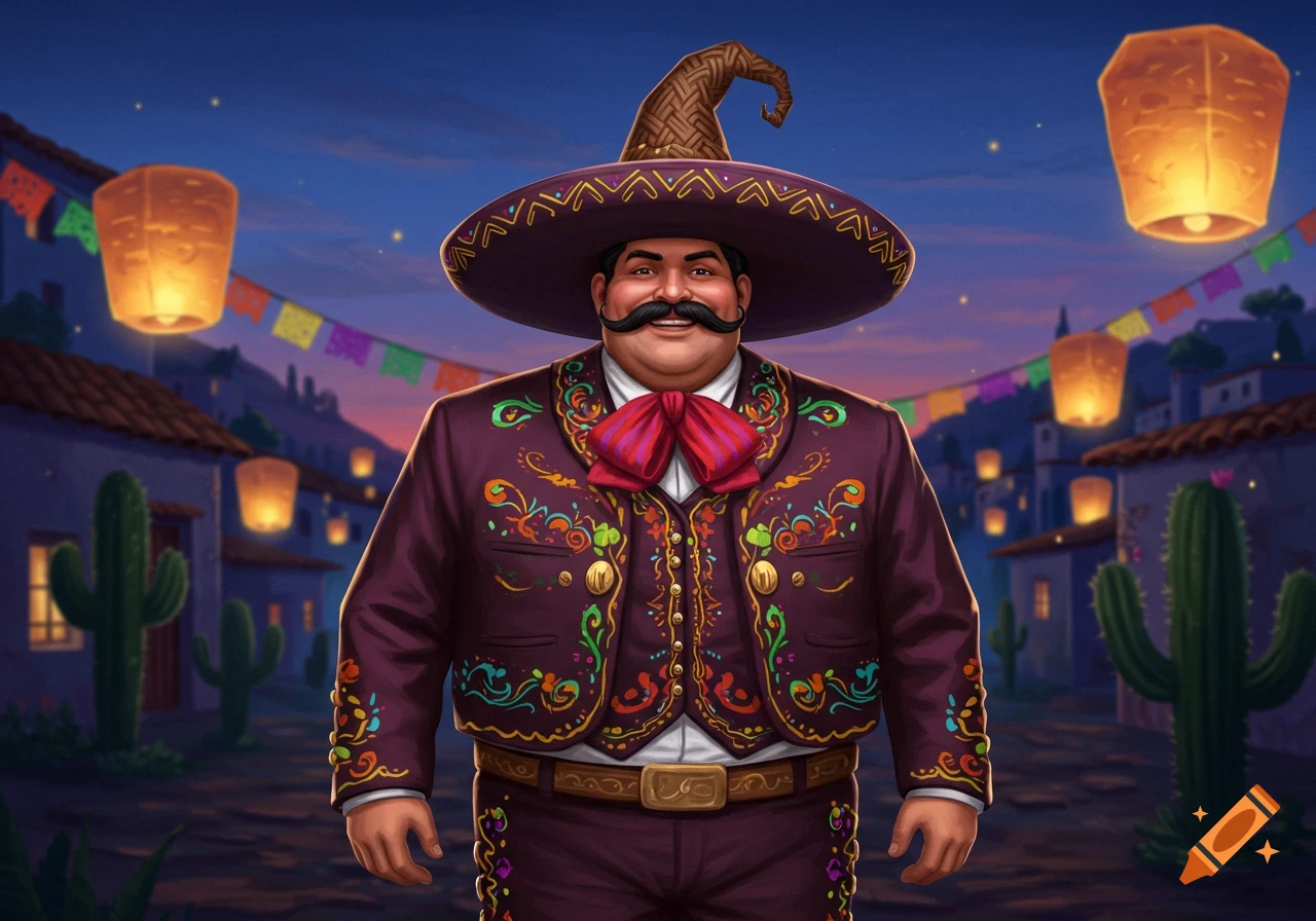 A heavyset man with a mustache in a purple charro suit and a large sombrero, standing in a decorated village street at night with lanterns and cacti.
