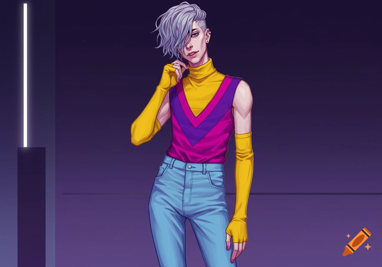 Illustrated person with greyish-purple hair, wearing a yellow turtleneck, magenta and purple top, yellow arm warmers, and light blue jeans.