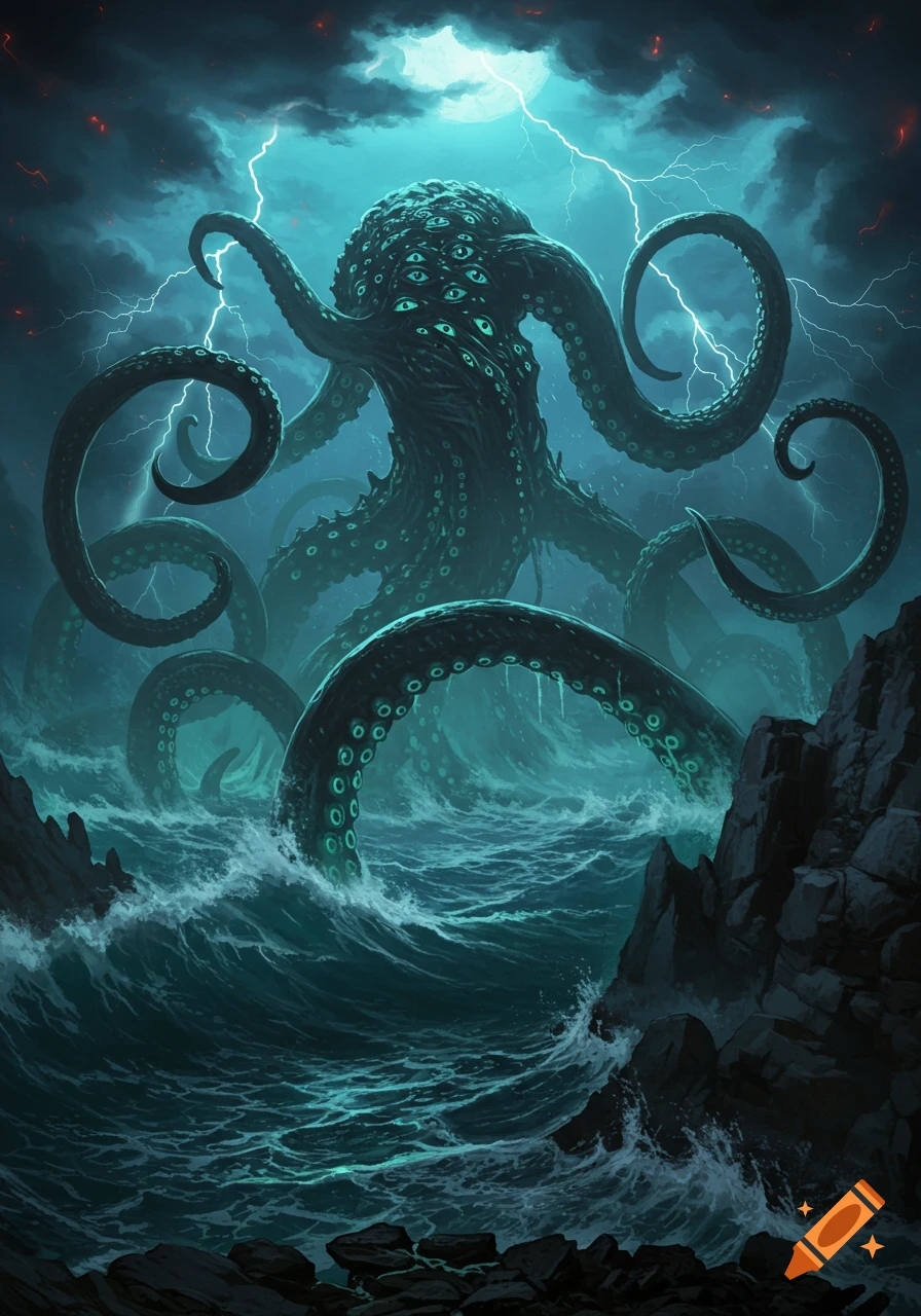 A colossal, multi-eyed, tentacled creature emerges from stormy, turbulent seas under a lightning-filled sky, with dark rocky coastlines.