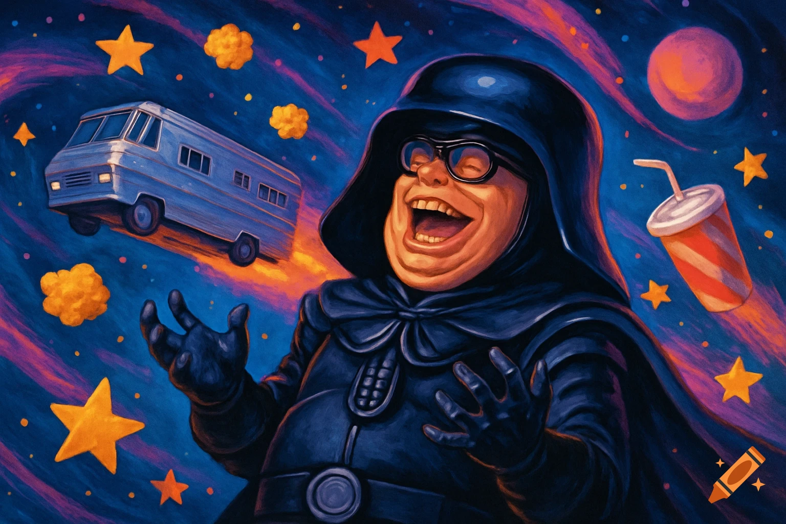 A stylized illustration of Danny DeVito as Dark Helmet laughing in space, with a flying RV, soda cup, and stars.