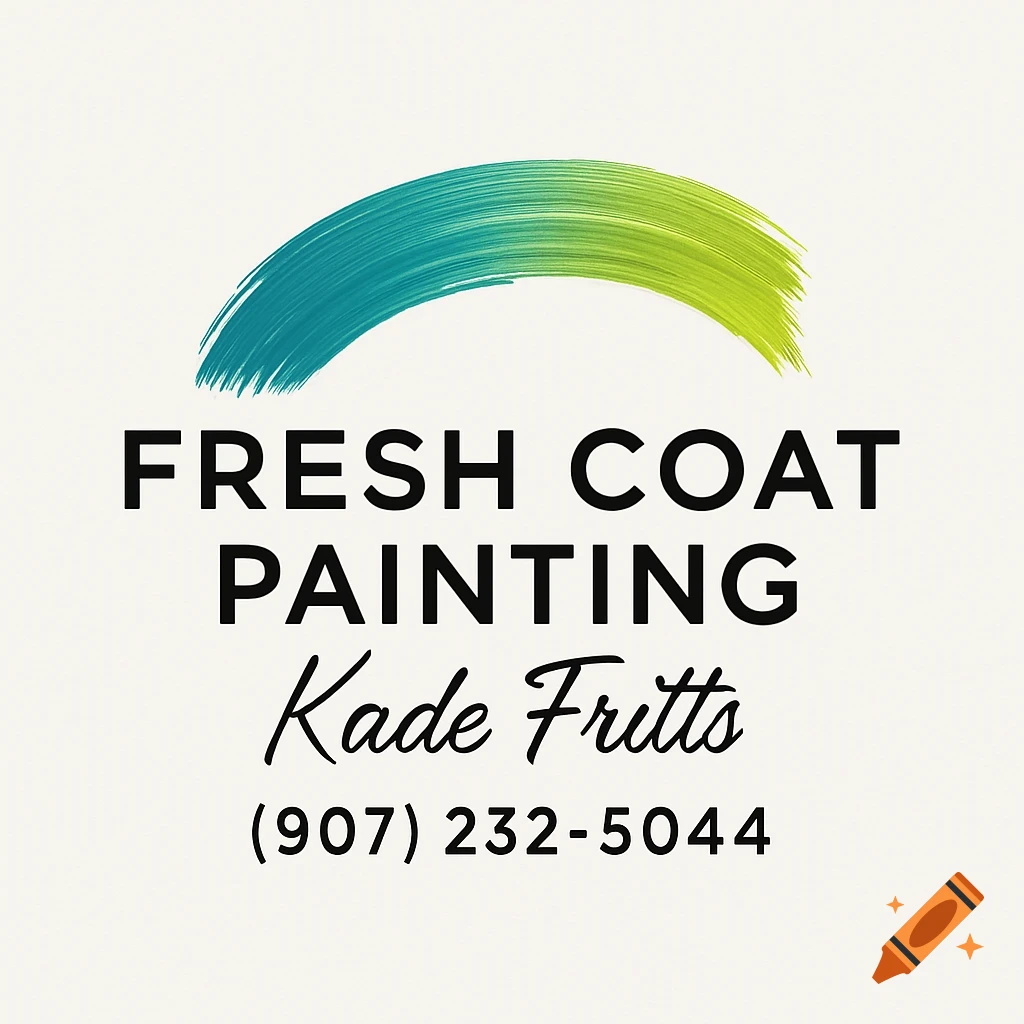 A logo for Fresh Coat Painting featuring a colorful paint stroke arc. Below the arc, text reads "FRESH COAT PAINTING", "Kade Fritts", and the phone number "(907) 232-5044".