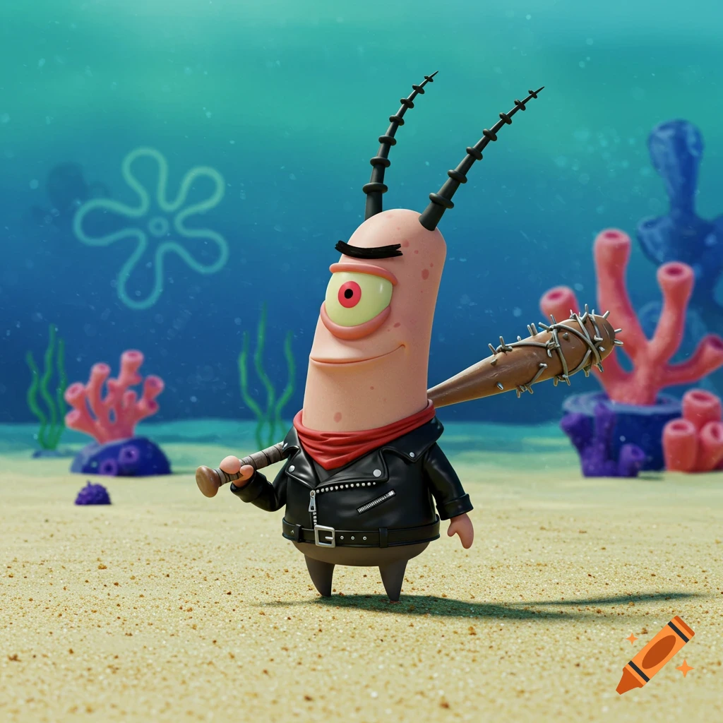 A 3D rendered Plankton from SpongeBob SquarePants dressed as Negan from The Walking Dead, holding a barbed wire baseball bat on the ocean floor.
