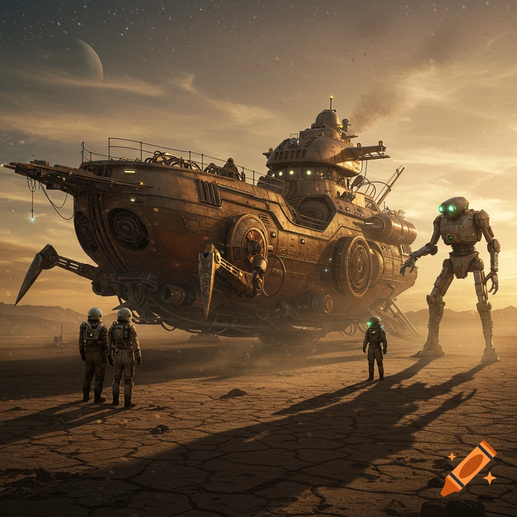 A large steampunk spaceship on a barren planet with two astronauts and a tall robot under a sunset sky with a moon.