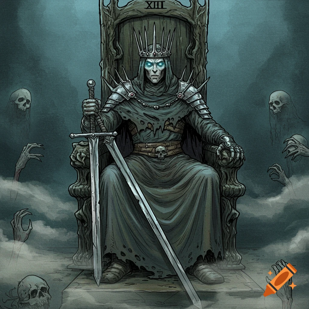 Skeletal monster king on a dark throne holding a sword, surrounded by skulls and ghostly hands, in a creepy, hand-drawn tarot card style.