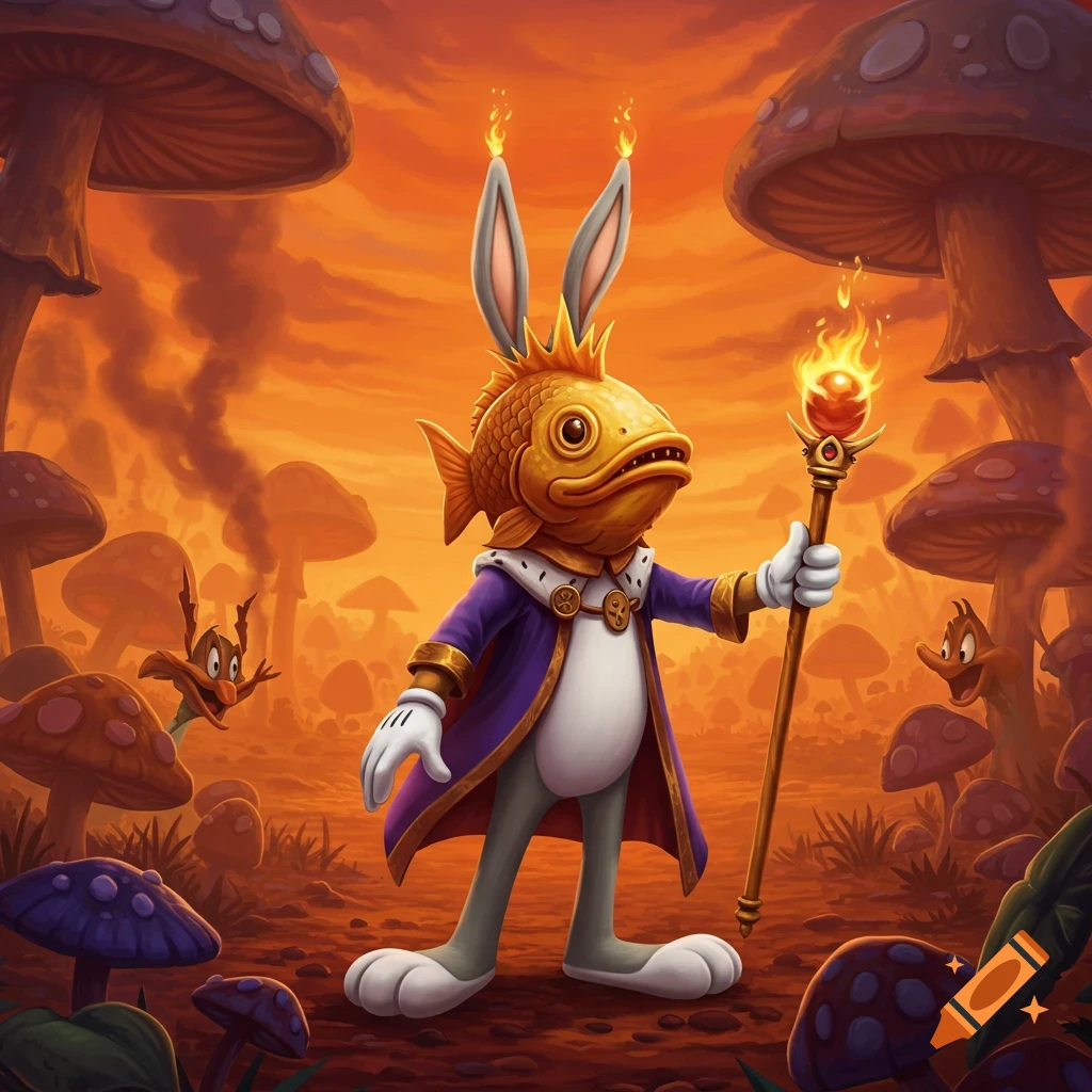 A surreal cartoon character with a fish head and flaming bunny ears, wearing a purple robe, holding a fiery scepter in a fantasy mushroom landscape.
