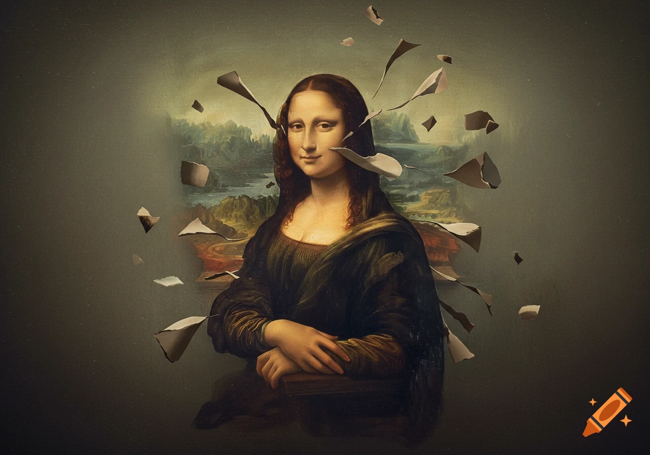 A surreal portrait of the Mona Lisa with the painting's background shattering into fragments.