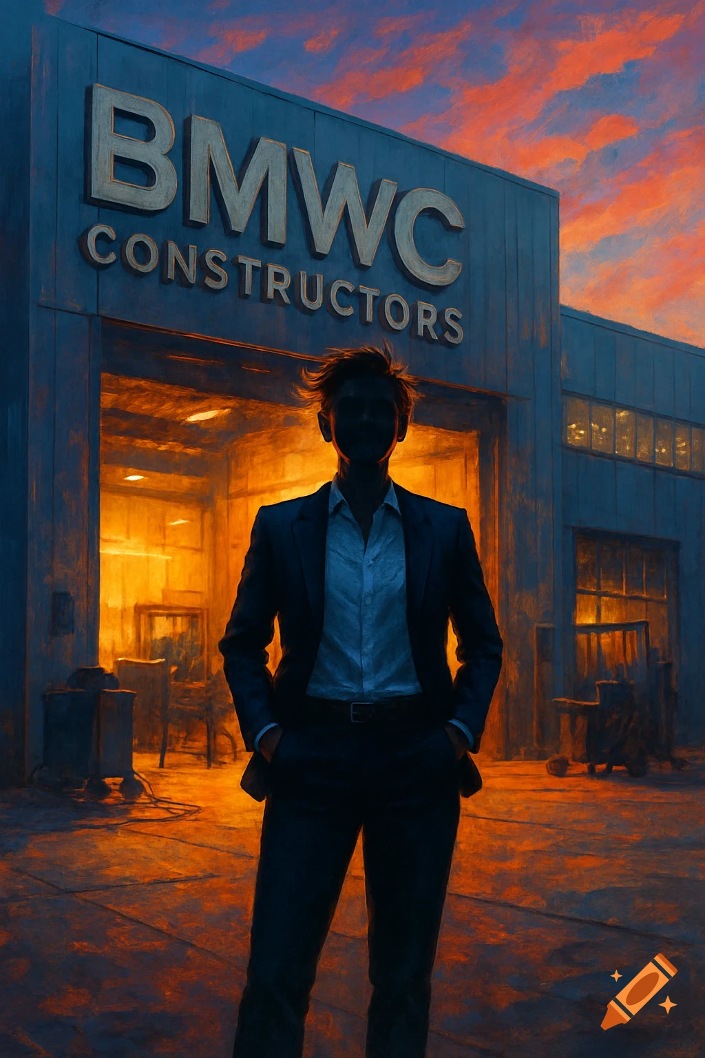 A man in a suit stands silhouetted against a brightly lit industrial building with a sign that reads 'BMWC CONSTRUCTORS' at sunset.