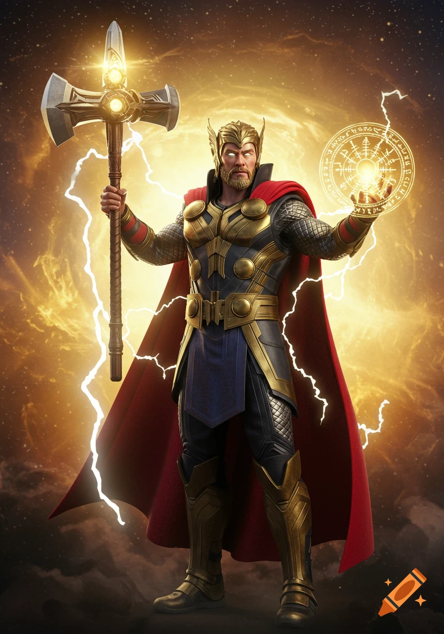 Powerful male superhero, a blend of Thor and Doctor Strange, in gold armor with a red cape, holding a glowing axe and magical symbol in a cosmic lightning storm.