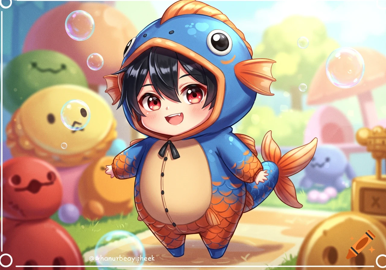 A smiling chibi anime character with black hair and red eyes, wearing a blue and orange fish onesie, stands among colorful cartoon creatures and bubbles.