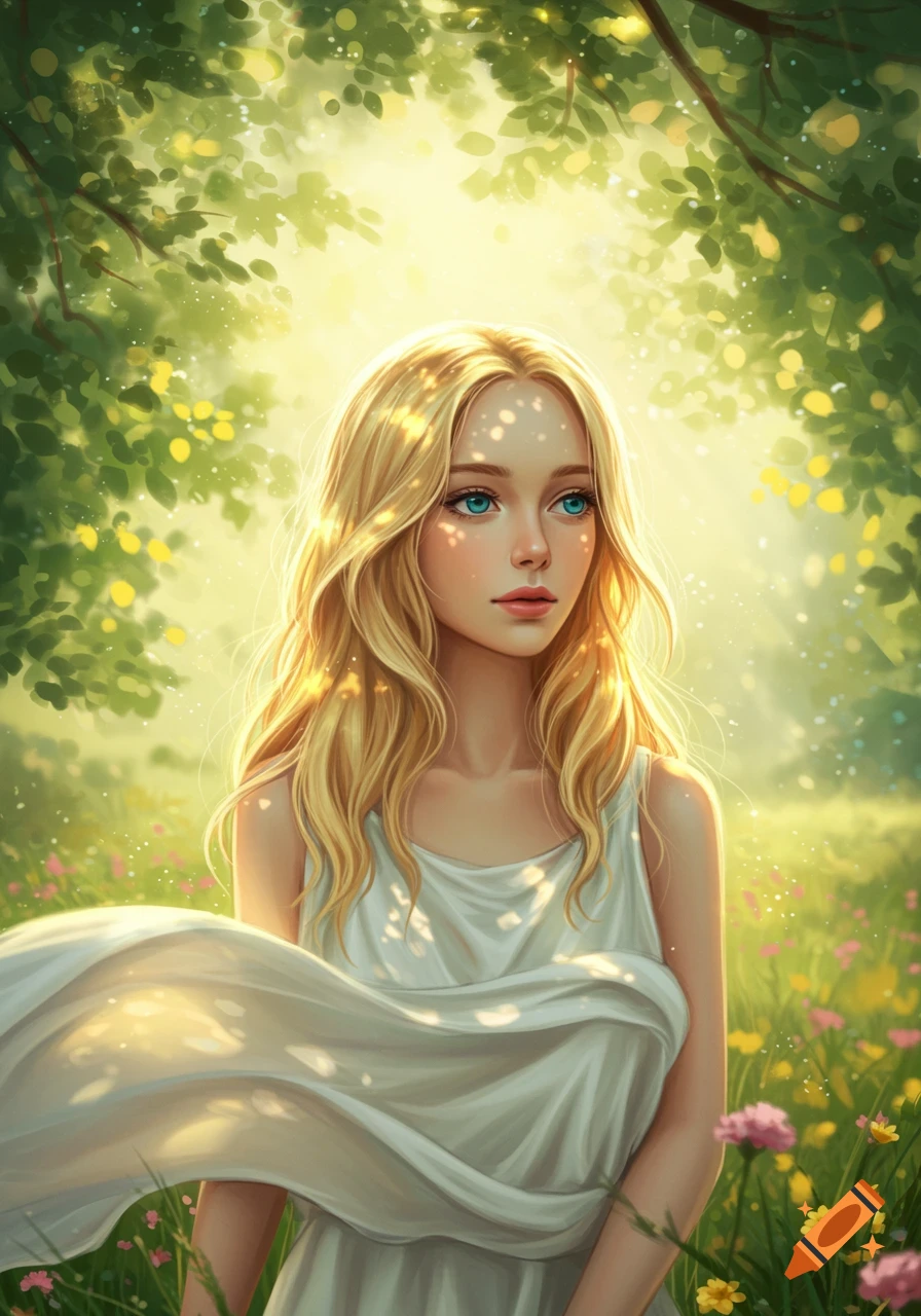 A digitally painted portrait of a young blonde woman in a white dress, standing in a sunlit meadow with green trees and colorful flowers.