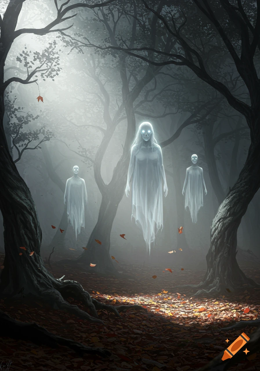 Three ethereal white ghost figures float through a dark, misty autumn forest with fallen leaves.