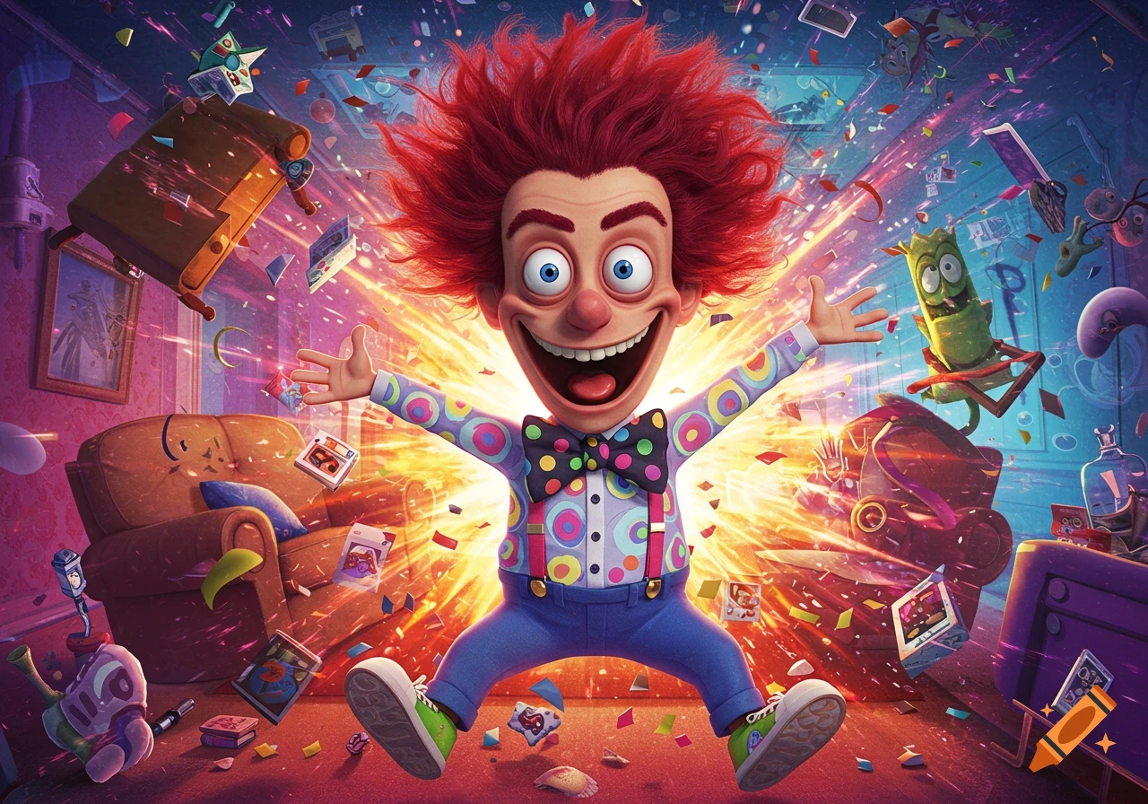 A cheerful, wide-eyed cartoon man with wild red hair and a polka-dot bow tie jumps in a room, surrounded by an explosion of light, confetti, and floating objects.