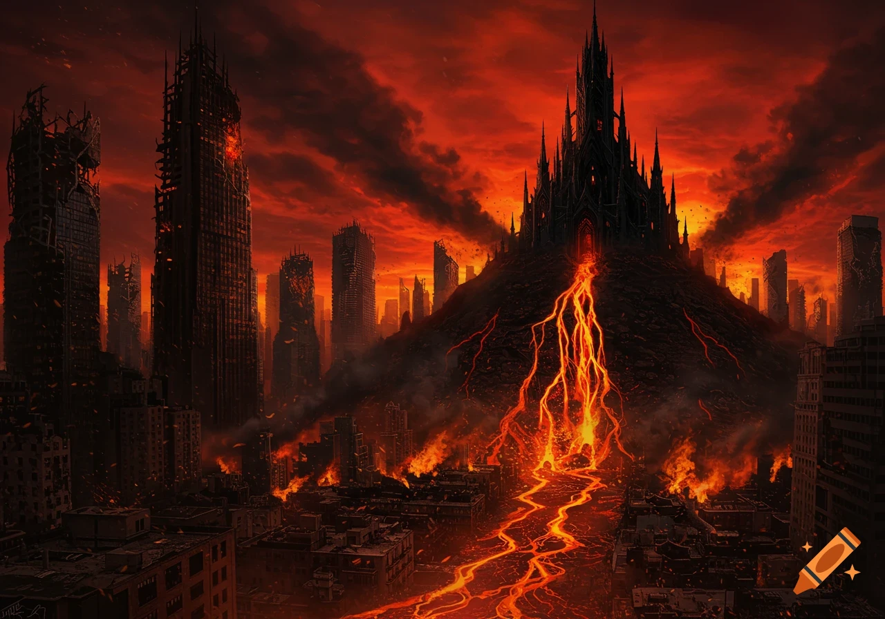 A dark fantasy cityscape engulfed in a fiery apocalypse, with ruined skyscrapers, flowing lava, a red sky, and a towering gothic castle.