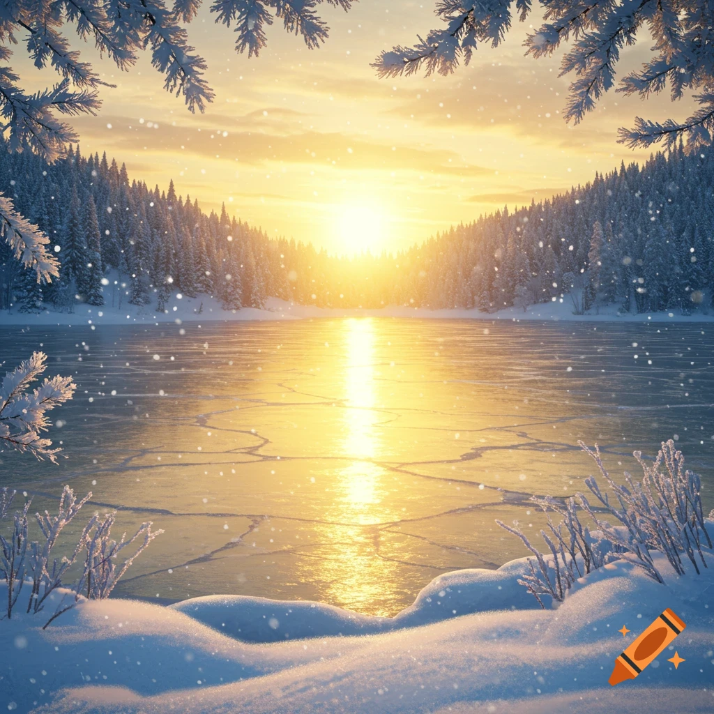 A winter landscape featuring a frozen lake reflecting a golden sunrise, surrounded by snow-covered pine trees and falling snow.