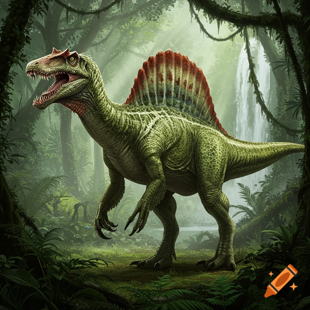 A detailed illustration of a green Spinosaurus-like dinosaur with a red sail, standing in a lush, misty jungle with a waterfall in the background.
