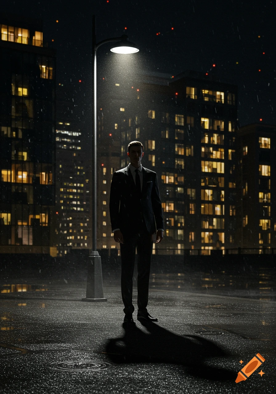 A man in a black suit stands under a street lamp on a rainy city street at night, with illuminated buildings in the background.