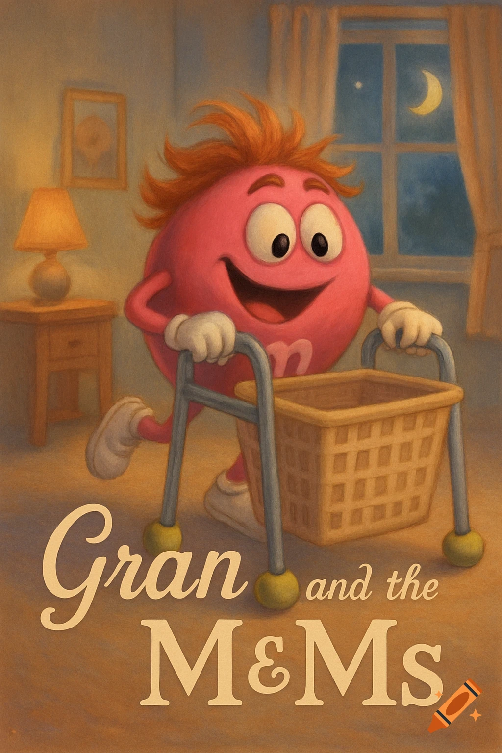 A pink M&M character with red hair pushes a walker with a basket indoors. Nighttime scene with 'Gran and the M&Ms' text.