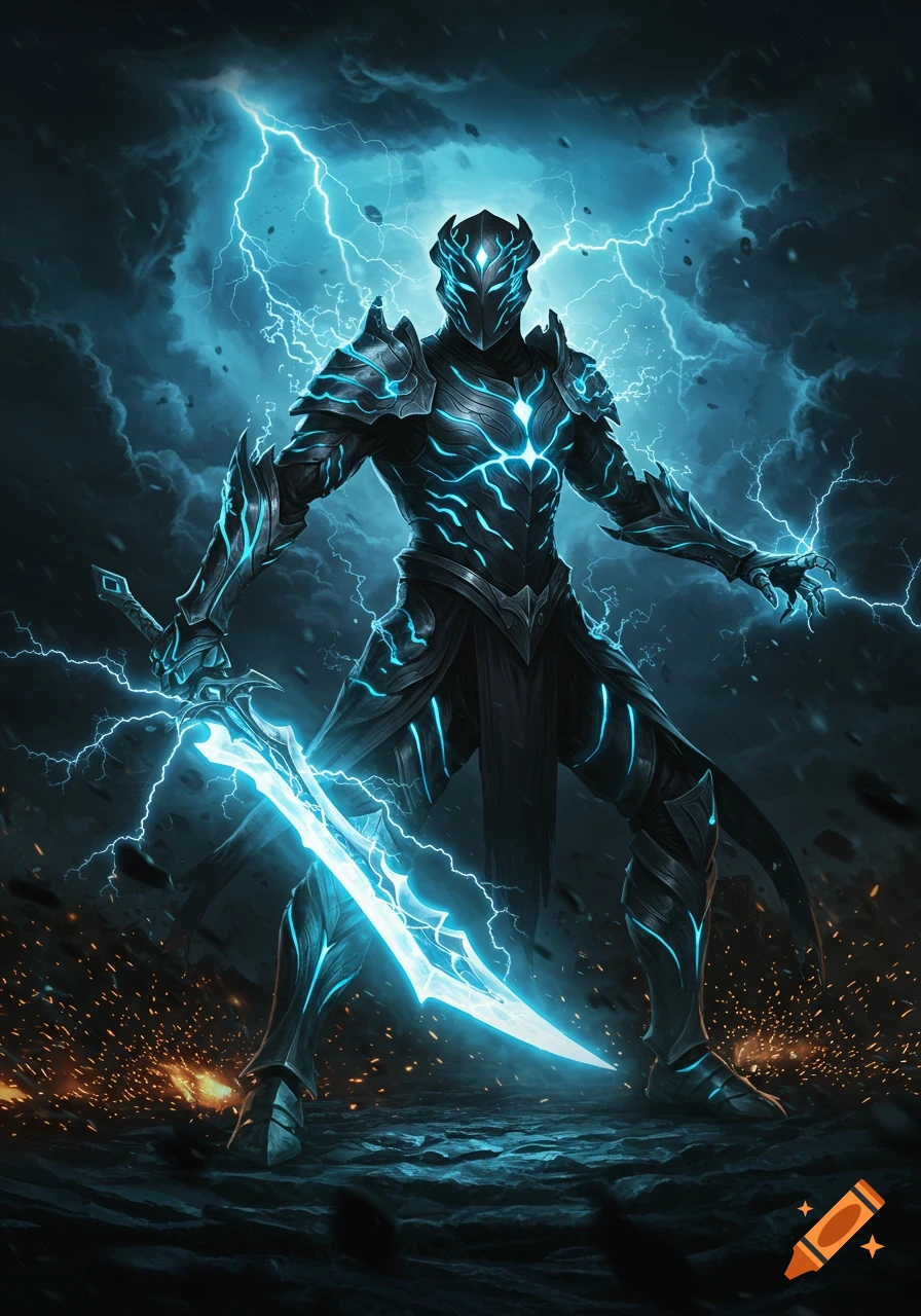 A powerful knight in glowing blue armor with intricate patterns and a horned helmet wields a crackling energy sword amidst a stormy sky with lightning.