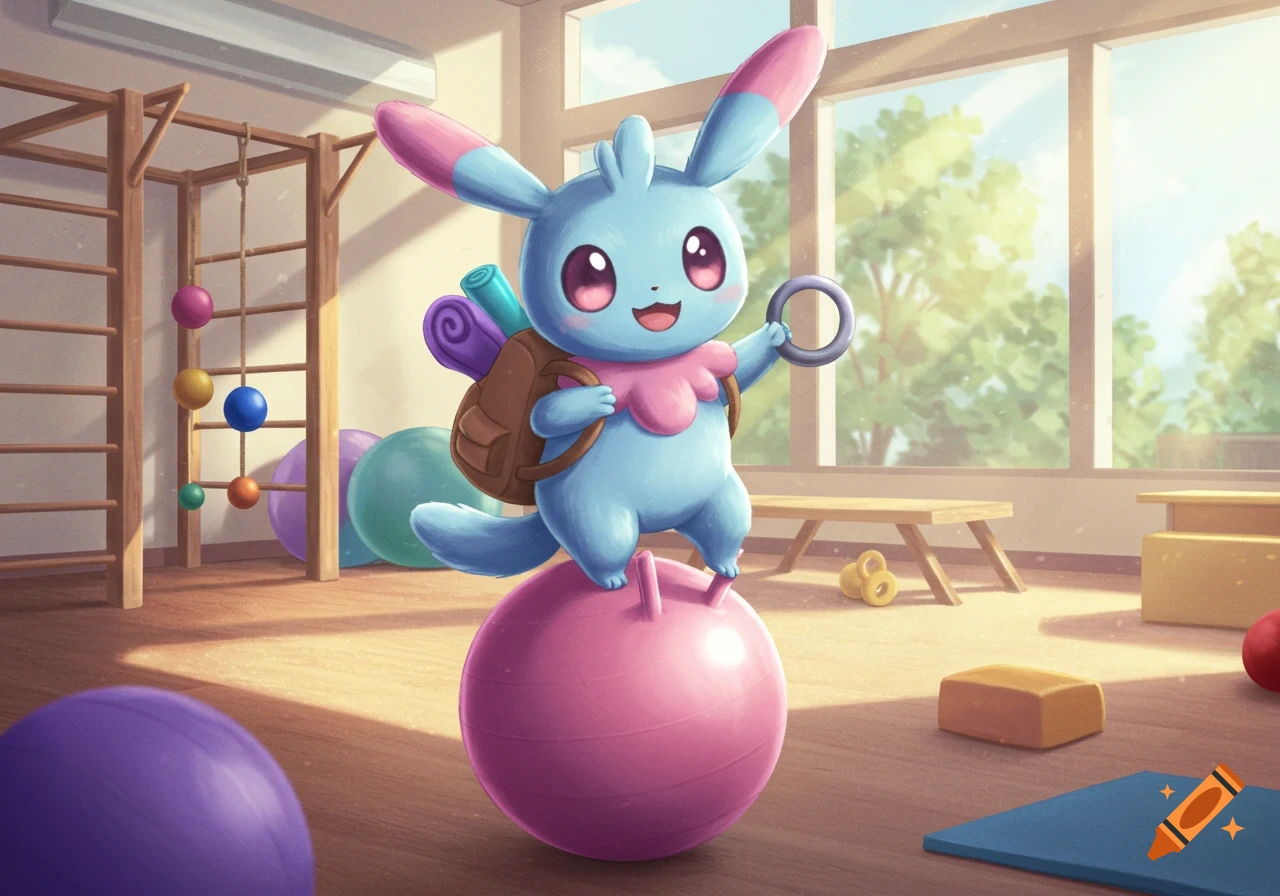A cute blue and pink Pokemon-like character with a backpack stands on a pink exercise ball in a bright gym, holding a ring.