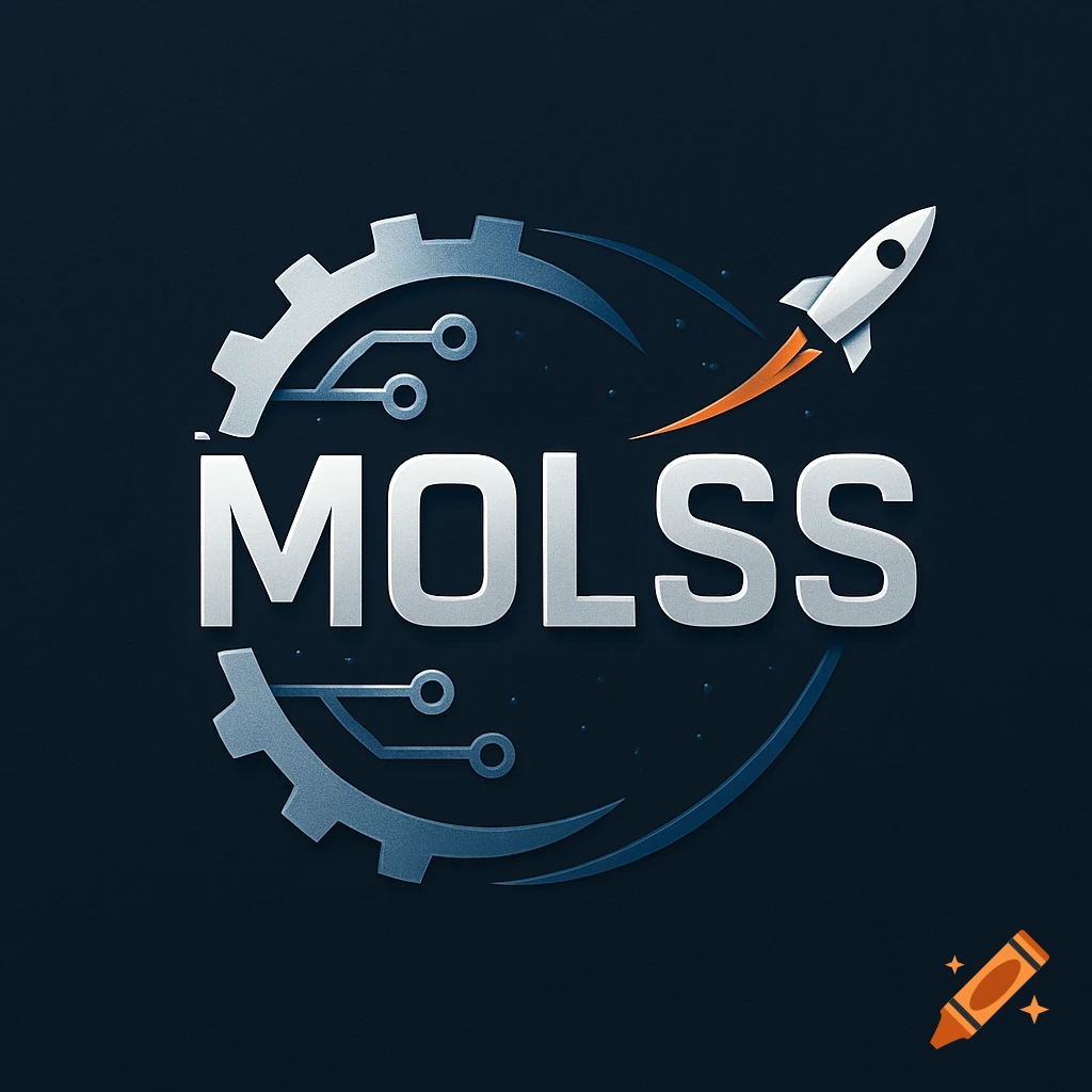 Logo with 'MOLSS' text, a gear with circuitry, and a white rocket launching upward against a dark background.