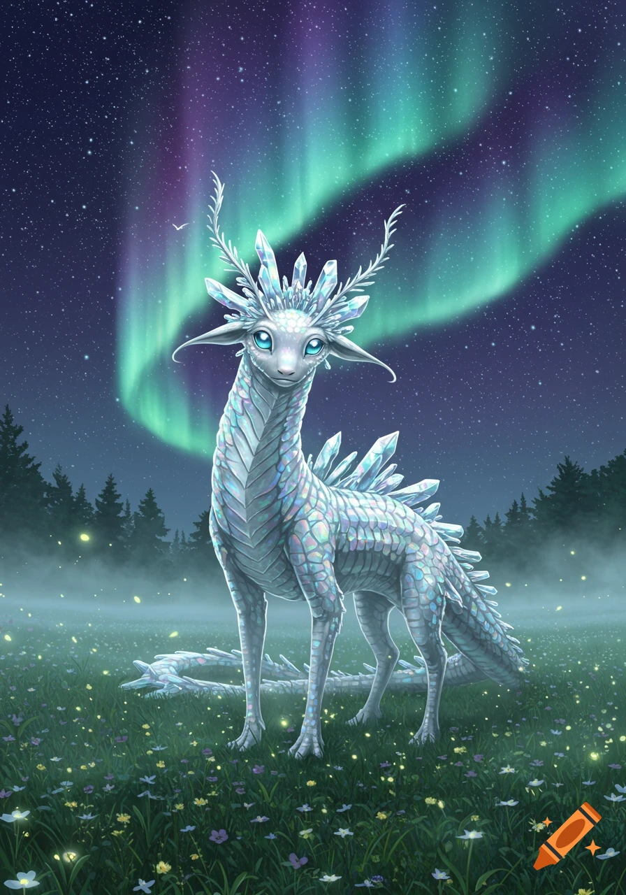 A white crystalline fantasy creature with antlers and blue eyes stands in a field of glowing flowers under a starry sky with the aurora borealis.
