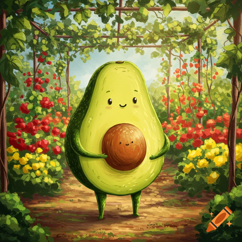 A cute, smiling avocado character with arms and legs holds a smaller avocado pit in a vibrant, lush garden with colorful flowers. Illustration.