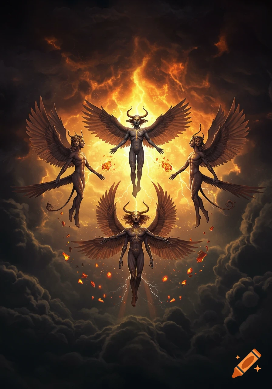 Four winged, horned figures with human-like bodies float amidst a fiery, stormy sky with lightning.