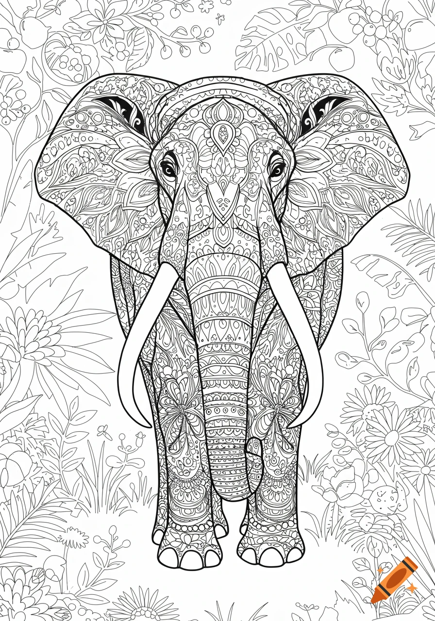 Black and white line art coloring page of an intricately patterned elephant in a jungle setting.