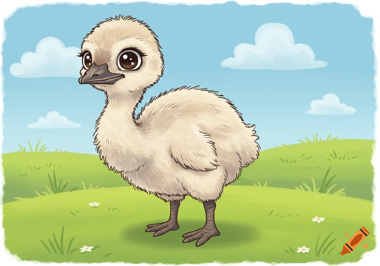 A cute cartoon baby emu with large eyes stands in a green field under a blue sky with clouds.